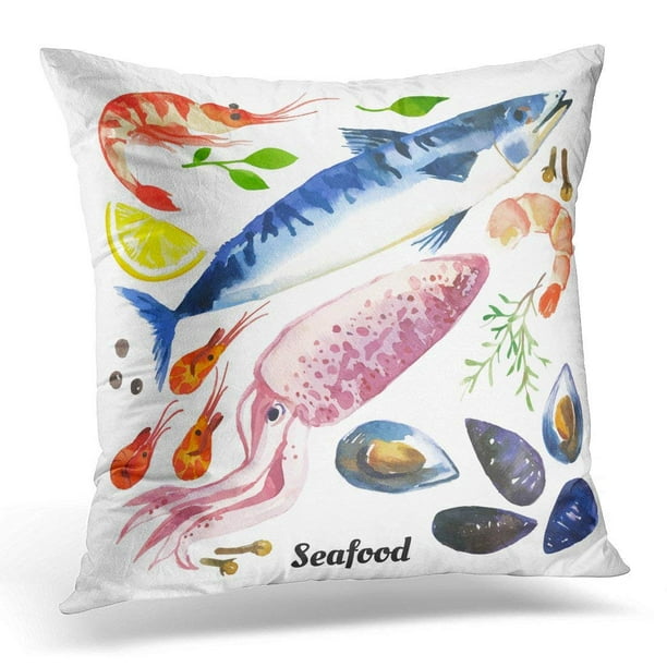 BSDHOME Seafood Mackerel Scomber Watercolor of Sea Food with Trout Salmon  and Mussels Drawn on White Fish Pillow Case Pillow Cover 20x20 inch 