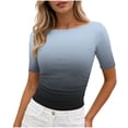 thumbnail image 4 of Womens Tops Short Sleeve Boat Neck T-Shirts Slim Gradient Printed Pleated Tees 4th of July Shirts Women, 4 of 7