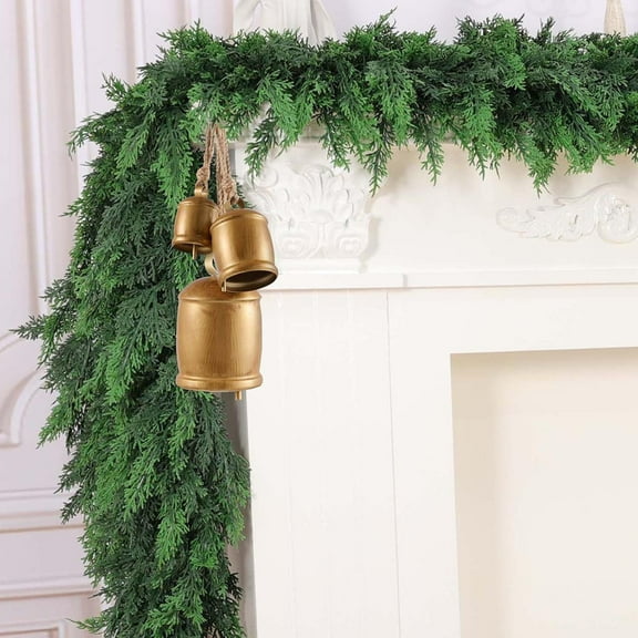 Guvpev 2Pcs Christmas Cedar Garlands with Gold Cow Bells - 9FT Artificial Winter Cypress Garland Christmas Decorations for Mantel, Table Centerpiece, Indoor Outdoor Holiday Party Decorations