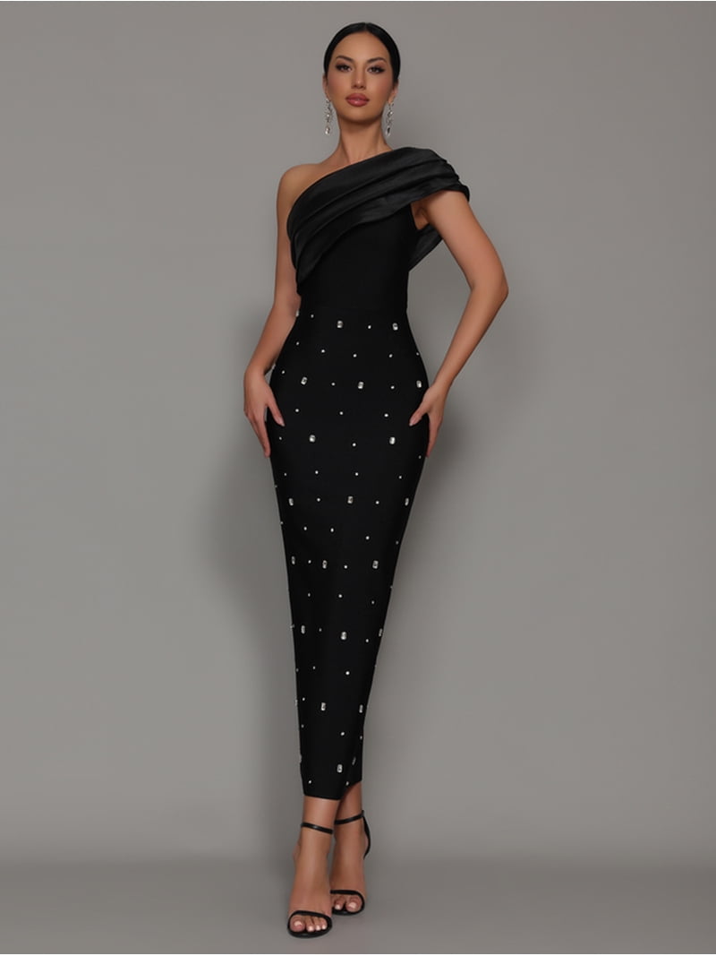 Women Celebrity Sexy One Shoulder Diamonds Black Maxi Long Bodycon Bandage Dress 2025 Elegant Evening Club Party Clothing Outfit