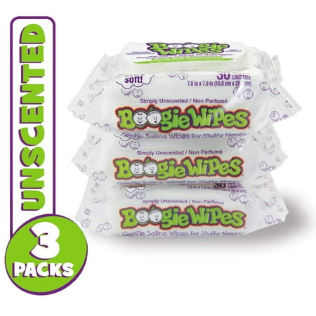 Boogie Wipes, Sensitive Unscented Wet Nose Wipes for Kids and Baby, Allergy Relief, Soft Natural Saline Hand and Face Saline Tissue with Aloe, Chamomile and Vitamin E, 30 Count (Pack of