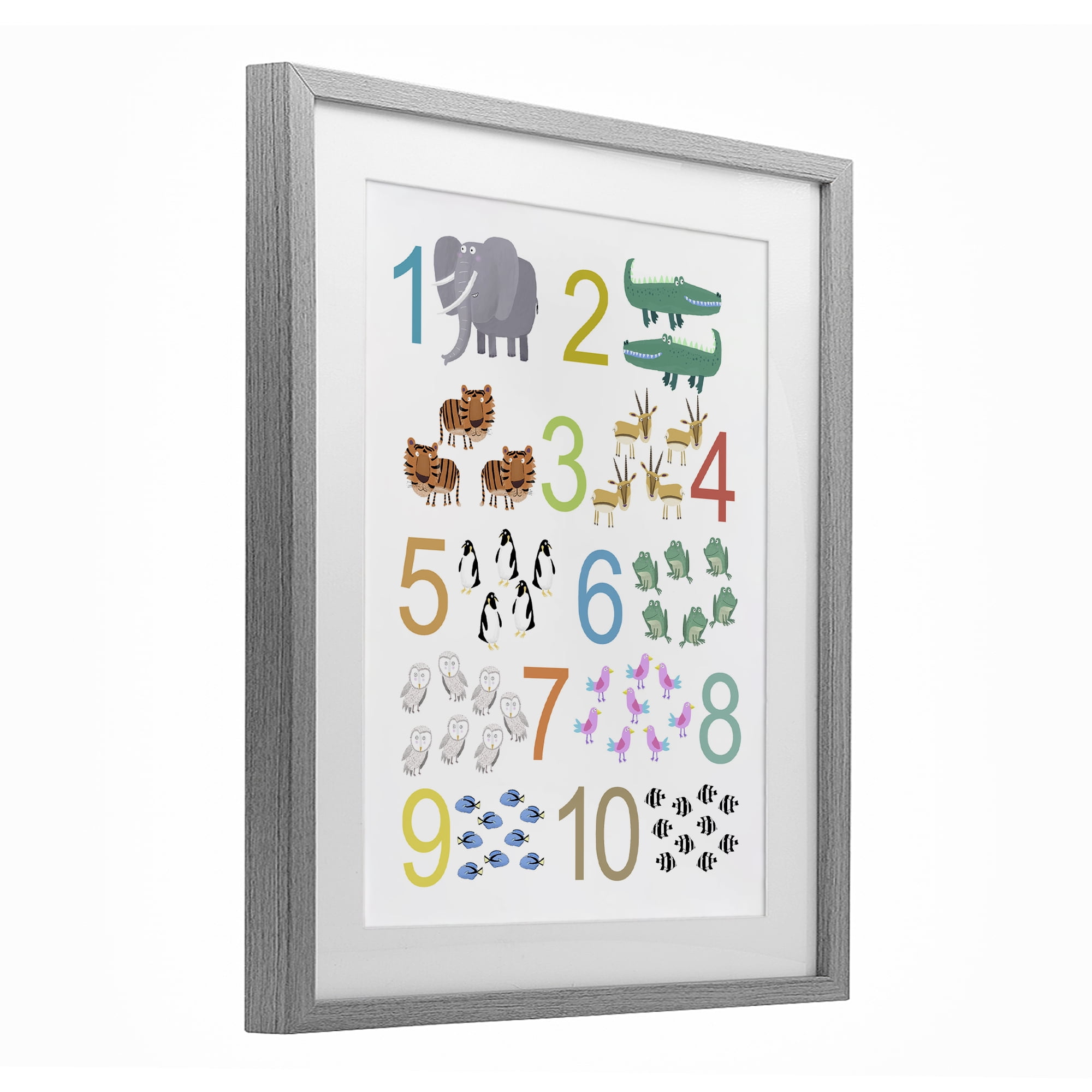 Kid's Counting Animals Gray Framed Print Under Glass, design by Carla Daly