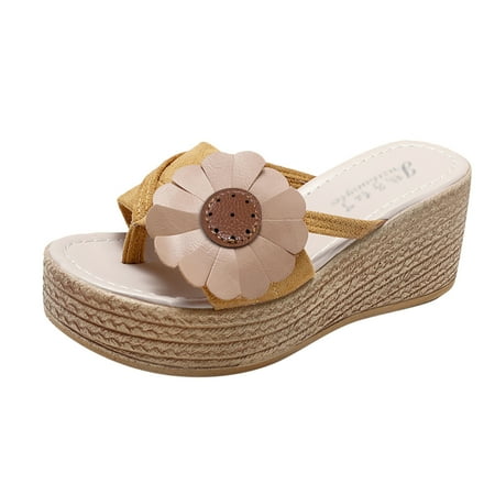 

House Slippers For Women Ladies Fashion Summer Flower Flock Thick Sole Flip Flops Casual Sandals