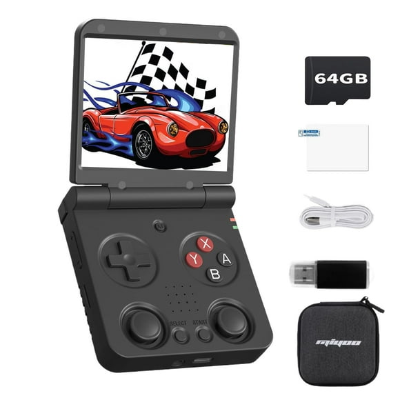 Miyoo Flip V2 Handheld Game Console 64GB,3.5-inch 640*480 IPS Screen 3000mAH Battery with Storage Case Game Console Retro Gaming Console Black