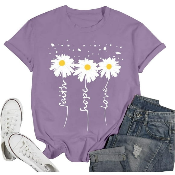 TSADFHJI Chiffon Tops for Women Elegant Women's Casual Handprint Graphic Round Neck Short Sleeve T Shirt Top L Light Purple