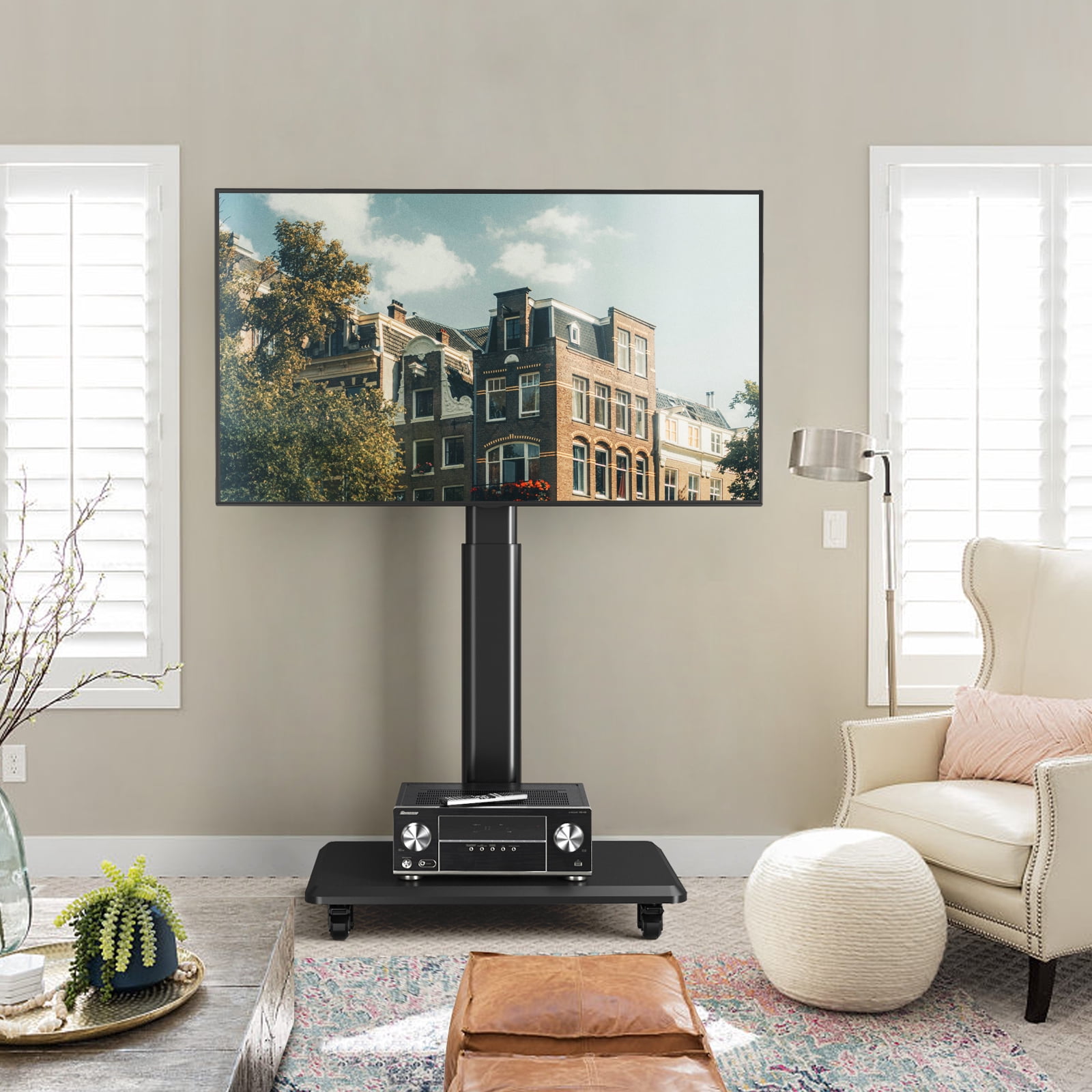 RTVR Modern Floor Rolling TV Stand for TVs up to 70 inch, Wooden Base, Black