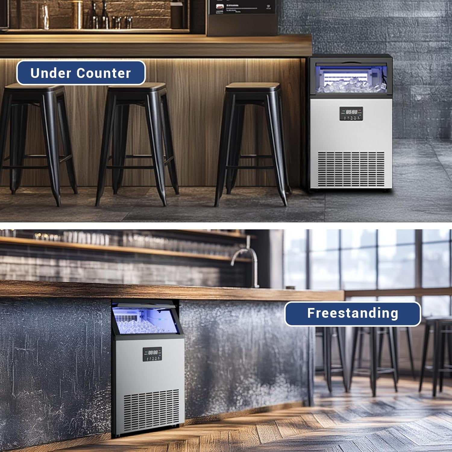 High-Volume Commercial Ice Maker - 165Lbs/24H Output, 45Lbs Storage Bin, 5-15 Minute Ice Ready, Stainless Steel with Water Line Hookup & 12 Thickness Settings