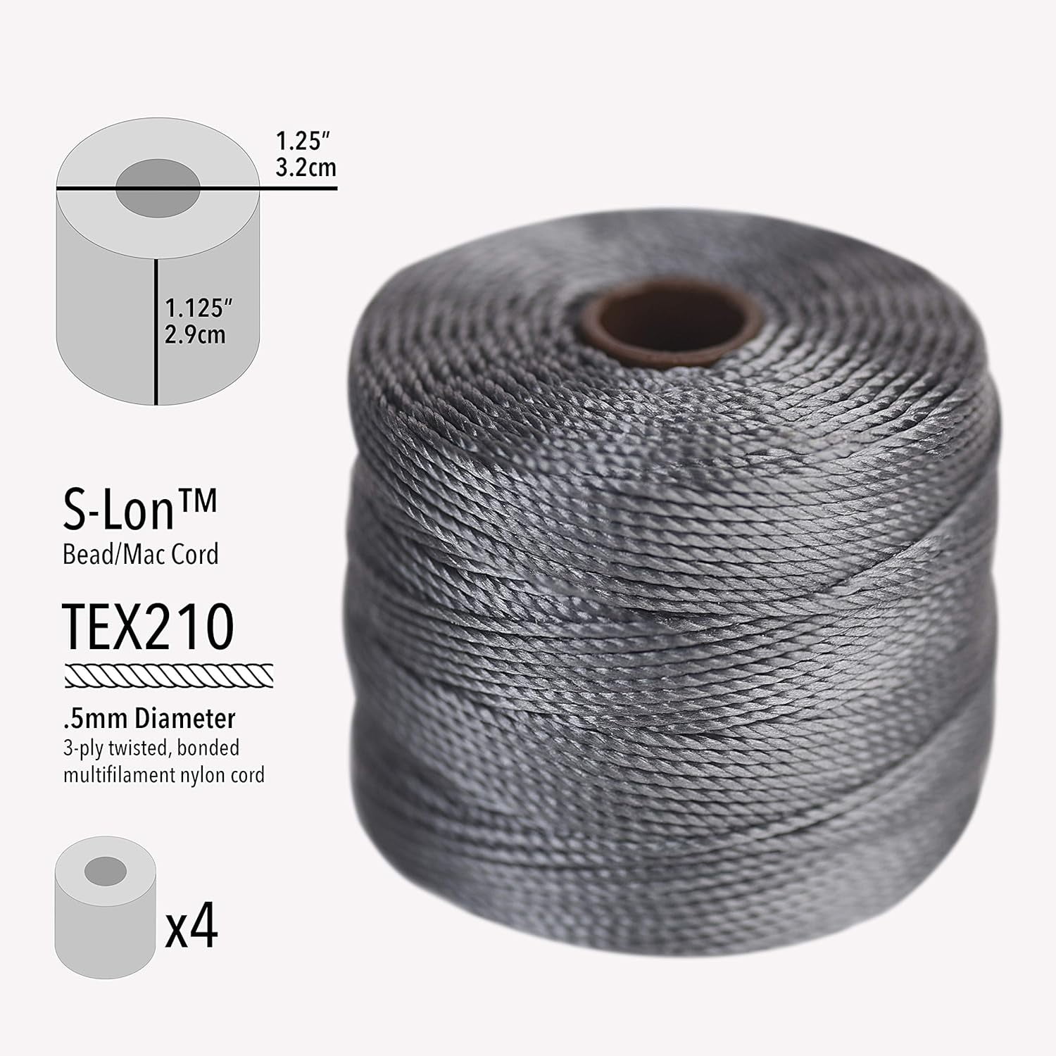 The Beadsmith S-Lon Bead Cord – .5 mm Nylon Cord, 4-Pack, Basic Mix, TEX210, 77 Yards