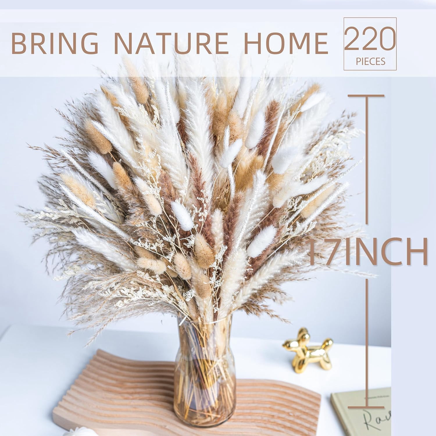 220PCS Natural Dried Pampas Grass Bouquet, Phragmites Dried Flowers Boho Home Decor for Wedding Floral Arrangements & Living Room Decorations