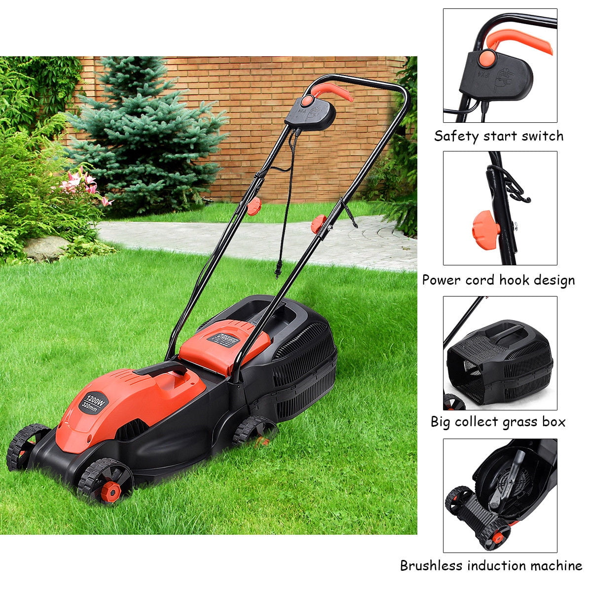 Costway 12 Amp 14-Inch Electric Push Lawn Corded Mower With Grass Bag Red