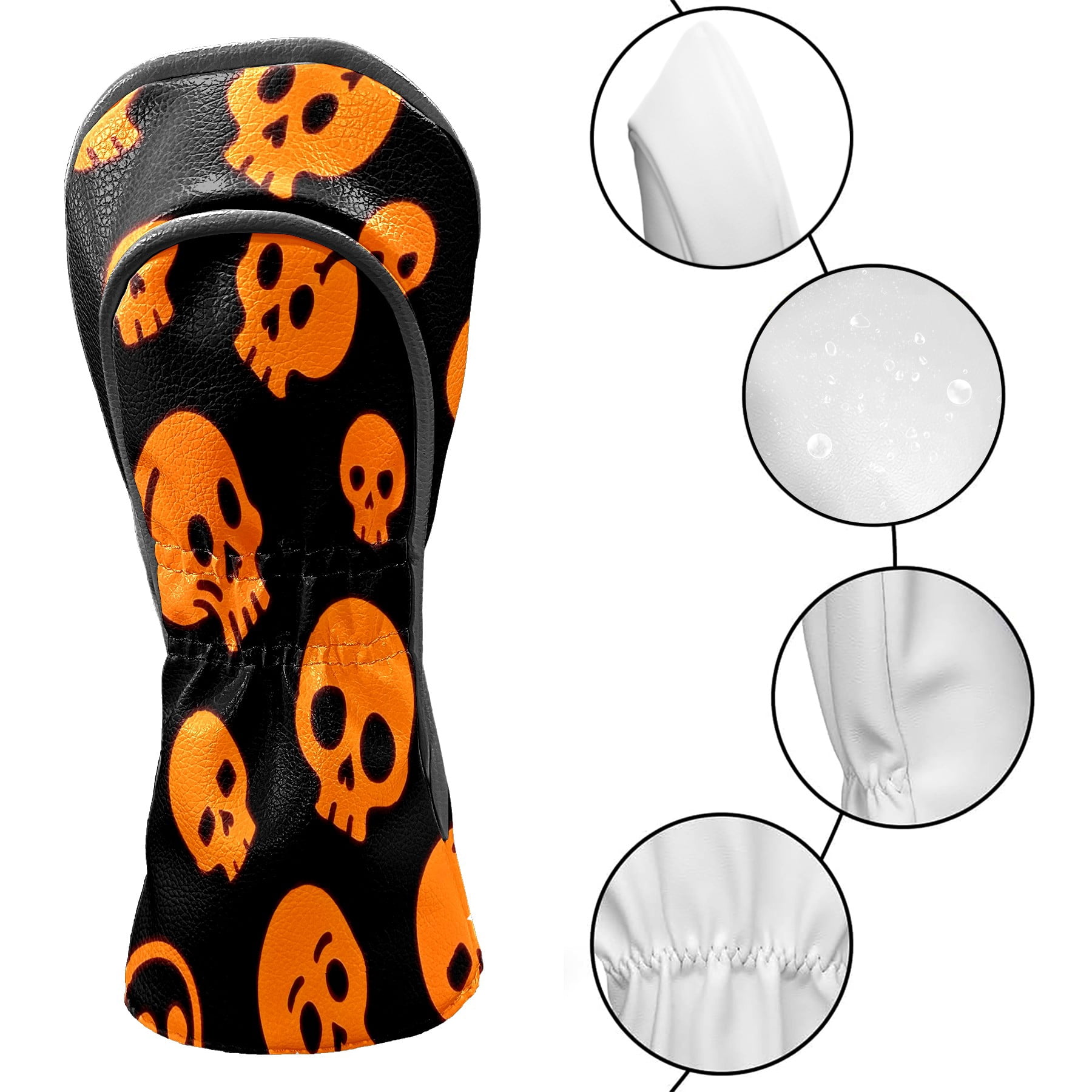 Golf Club Covers, Orange Skeleton Premium PU Leather Driver Hybrid Putter Head Covers with Velvet Lining, Waterproof Golf Gifts for Men Women