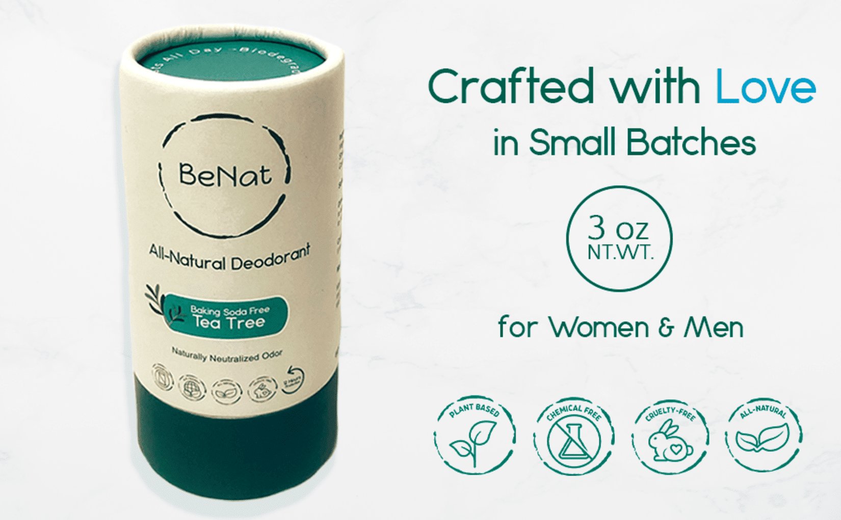 BeNat. 2-Pack. All-Natural Deodorant. Plastic-Free. Zero-Waste. No-Baking Soda & Tea Tree. Eco-Friendly. 3oz each.