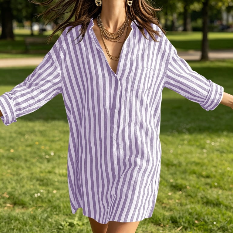 purple graduation dress midi asdoklhq Graduation Dress Midi Dresses Striped Long Sleeve Lapel Mini Skirt  with Pockets Side Slit Purple 2X