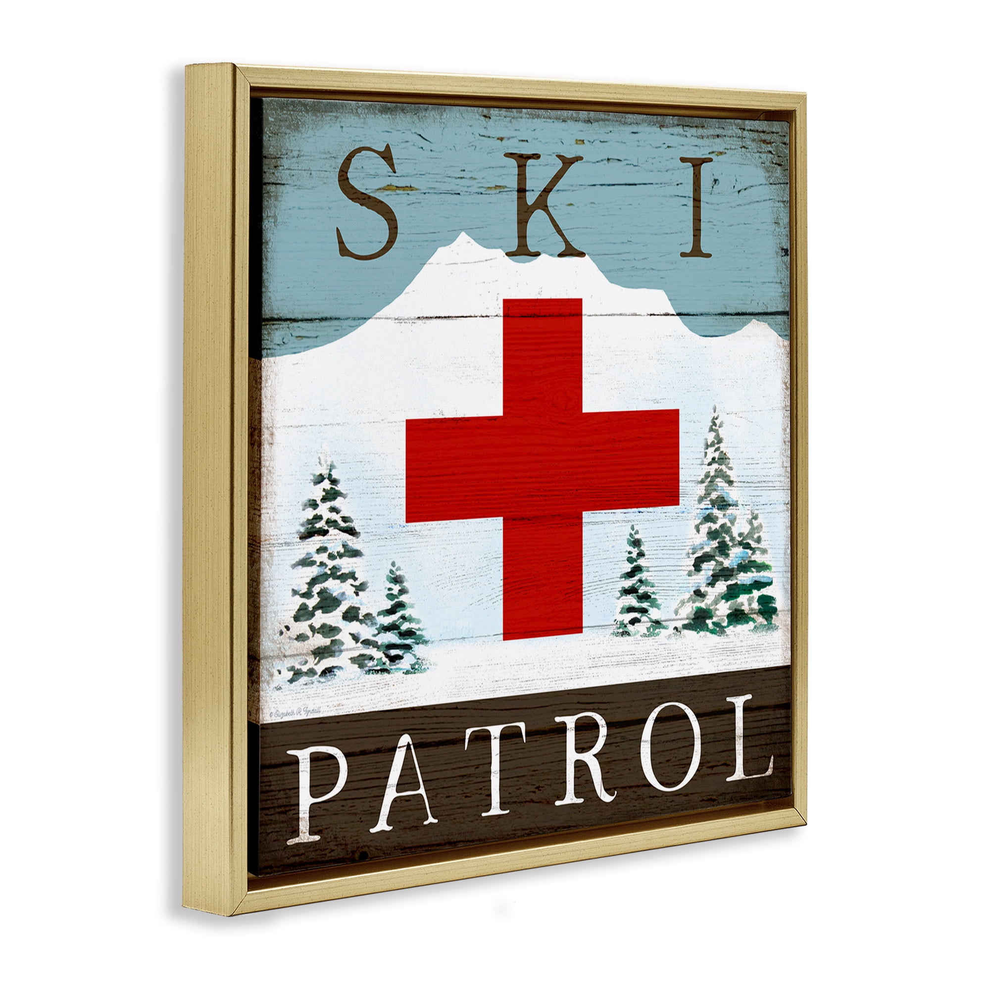 Stupell Industries Ski Patrol Rustic Cabin Sign Sports Painting Gold Floater Framed Canvas Art Print Wall Art, 18 x 18
