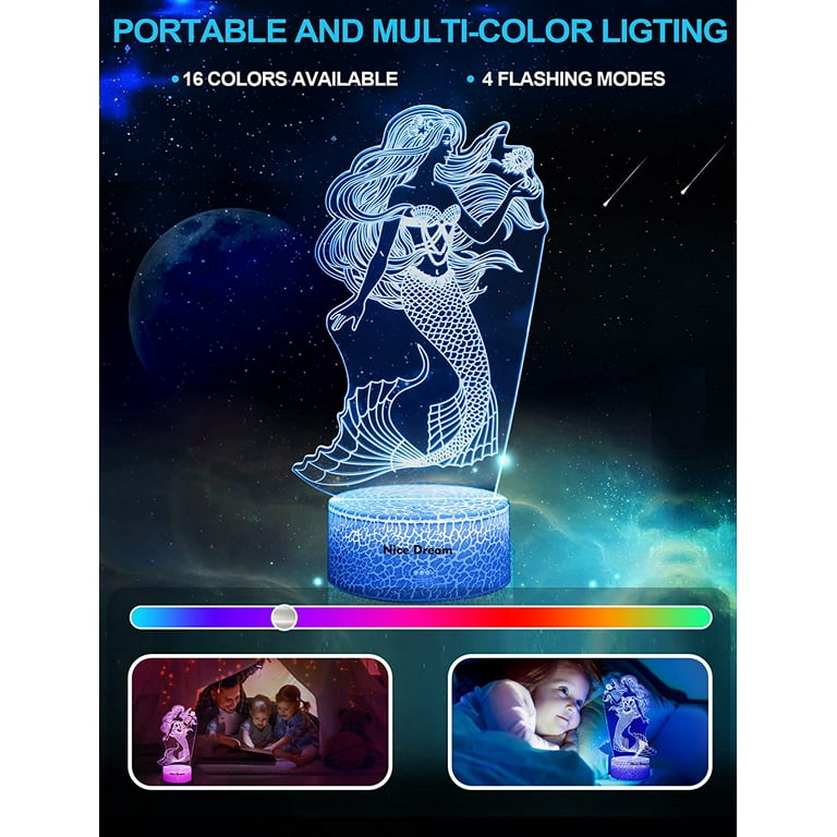 Nice Dream Mermaid 3D Illusion LED Night Light Remote Control 16 Colors Kids Room Decor Girls Xmas Gift Walmart