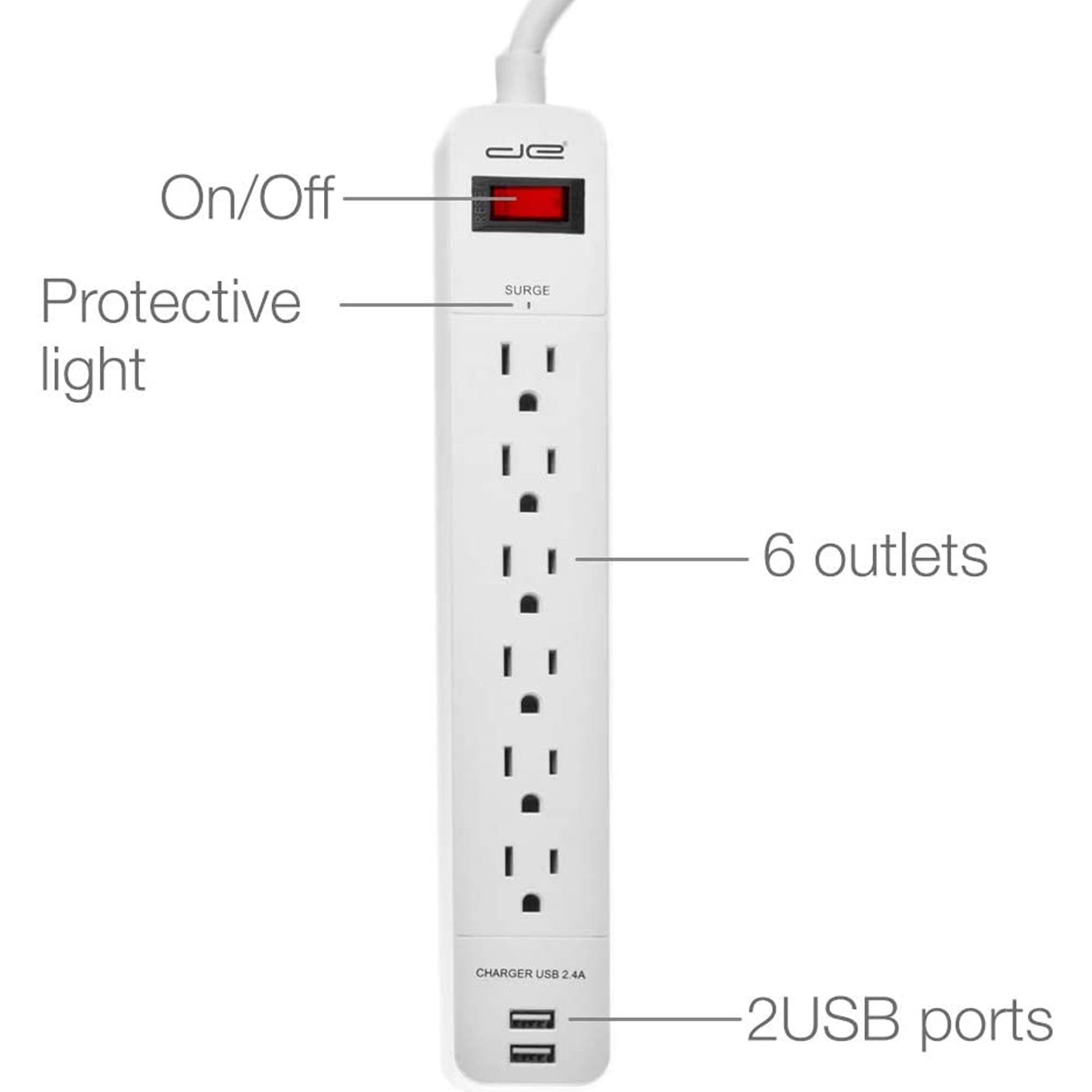 Digital Energy 6-Outlet + 2 Usb 1050 Joule Surge Protector Power Strip, White