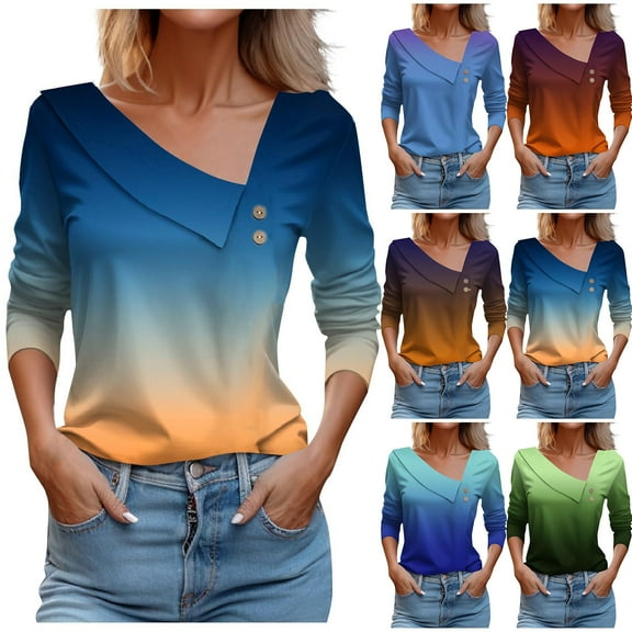 LOVZFMLL Women's Tops Ombre Fashion Casual Button Streetwear Dressy, Going Out Tops V-Neck 3/4 Sleeve Relaxed Fit Blouse Fall Outfits for Women 2025