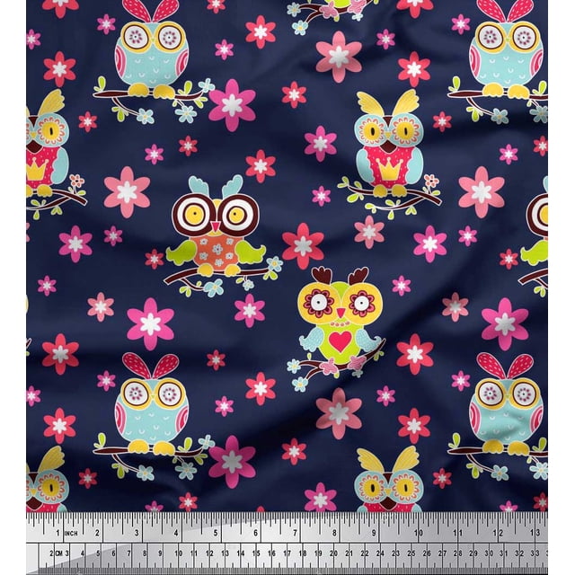 Soimoi Silk Fabric Floral & Owl Cartoon Decor Fabric Printed Yard 42 Inch Wide