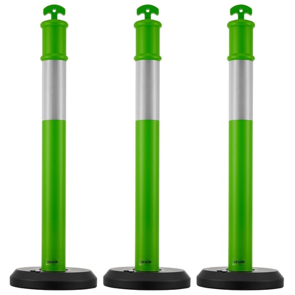 Durable 3-Pack 48-Inch Traffic Delineator Cones with Reflective Strips & Stable Fillable Base, Green Heavy-Duty Safety Posts for Construction & Parking Lot Guidance
