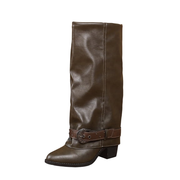 DeHolifer Women's Boots Studded Fold Over Chunky Heel Boots Cowboy Cowgirl Slouchy Pull On Boots