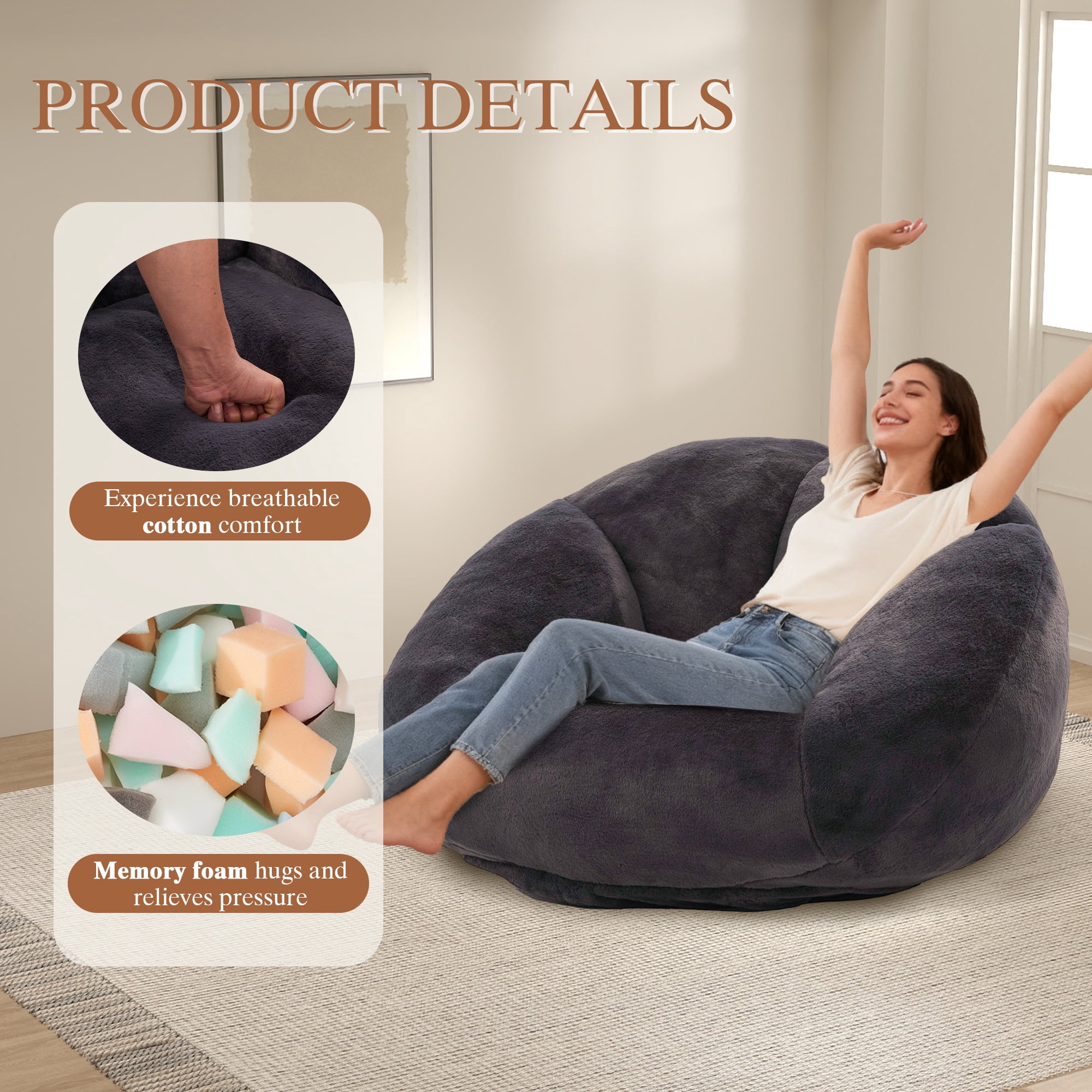 MOONMISS Oversized Bean Bag Chair for Adults,Memory Foam Lazy Sofa Chair with Soft Corduroy Cover,Comfy Floor Lounger for Living Room Bedroom Dorm