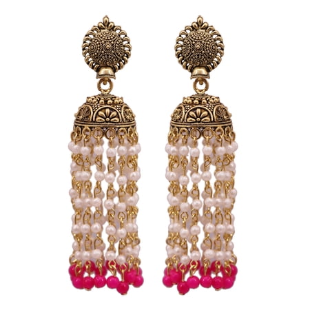 Crunchy Fashion Bollywood Jewellery Traditional Ethnic Bridal Bride Wedding Bridesmaid Punjabi Traditional Gold Finished Pink Kundan Pearl Jhumki Style Earrings