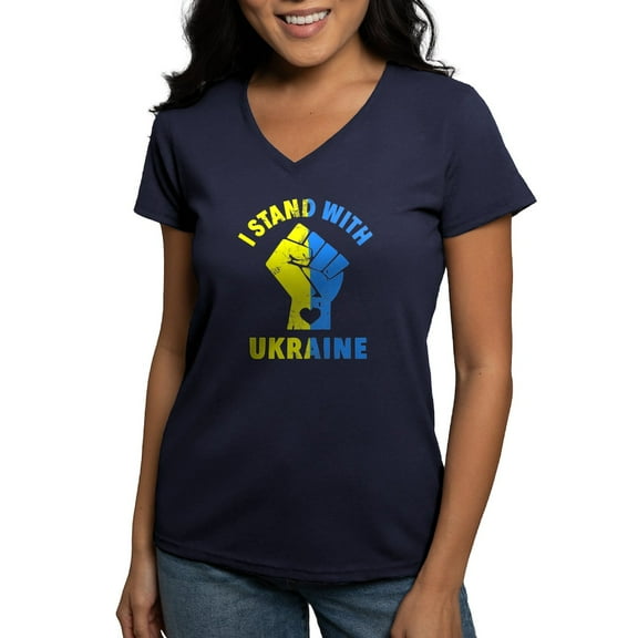 CafePress - I Stand With Ukraine Pride Ukrainian Flag T Shirt - Women's V-Neck Dark T-Shirt