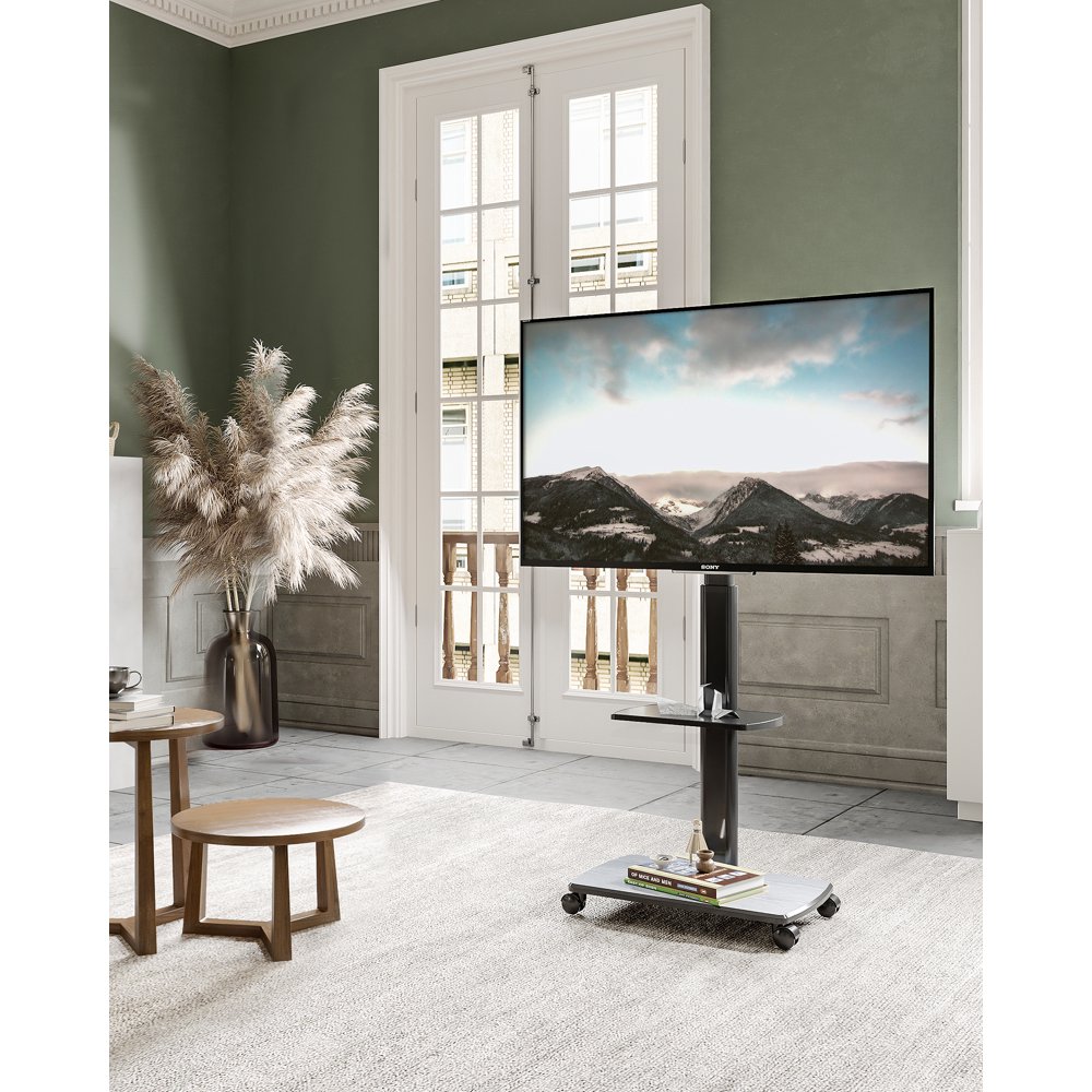 FITUEYES Rolling TV Cart for Living Room, Mobile TV Stand with Lockable