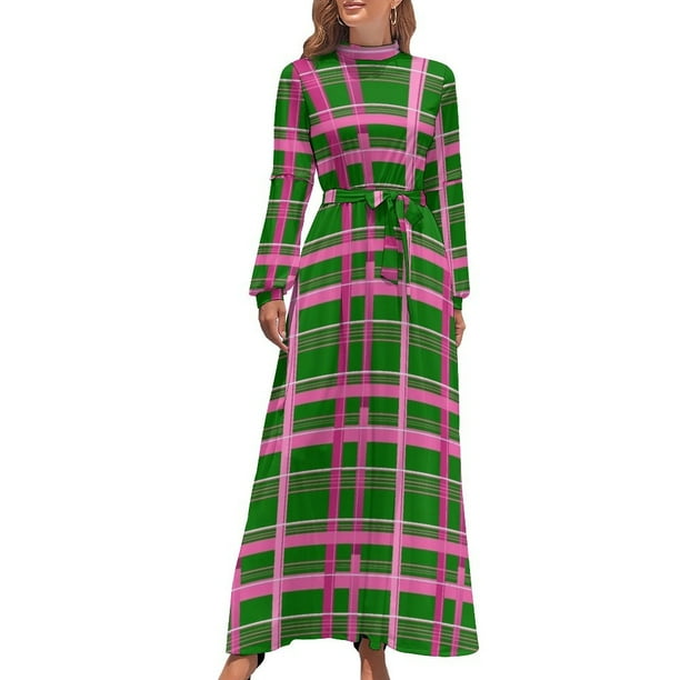 Vestido largo a cuadros rosa, verde y blanco, vestido elegante y chic para mujer, vestido de verano para mujer 2024