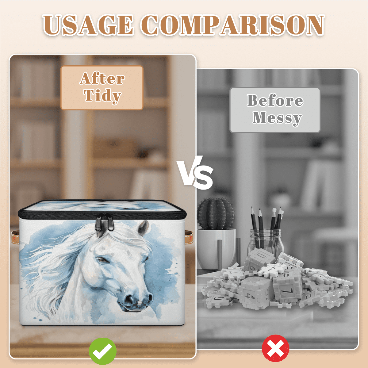 CURLYOOT Horse Fabric Storage Bins with Lids, Horse Animal Foldable Storage Boxes Washable Storage Cube, Closet Bedroom Home Organizer Containers with PU Leather Handles