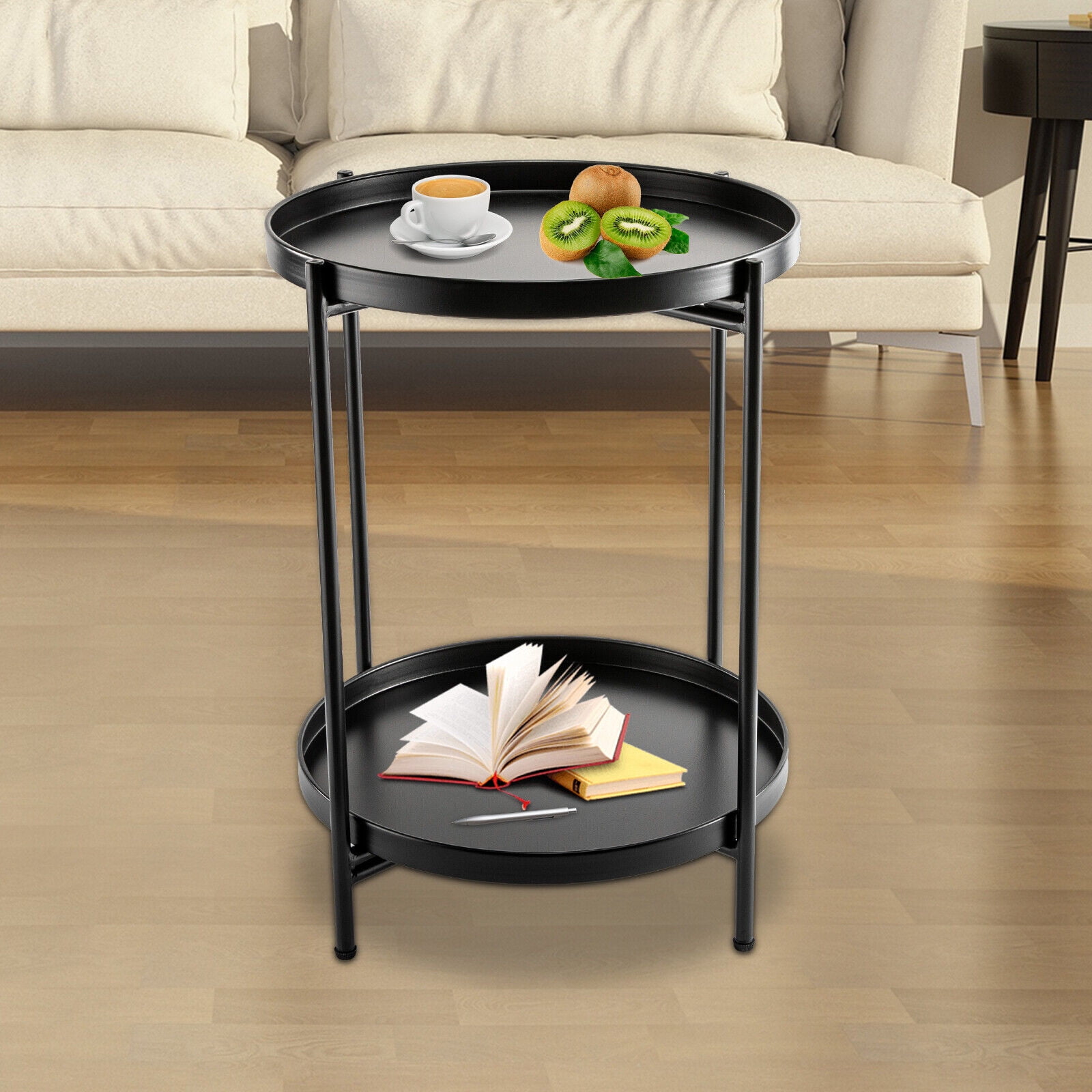 MONIPA Metal End Table Round Side Table with 2Tier Removable Tray