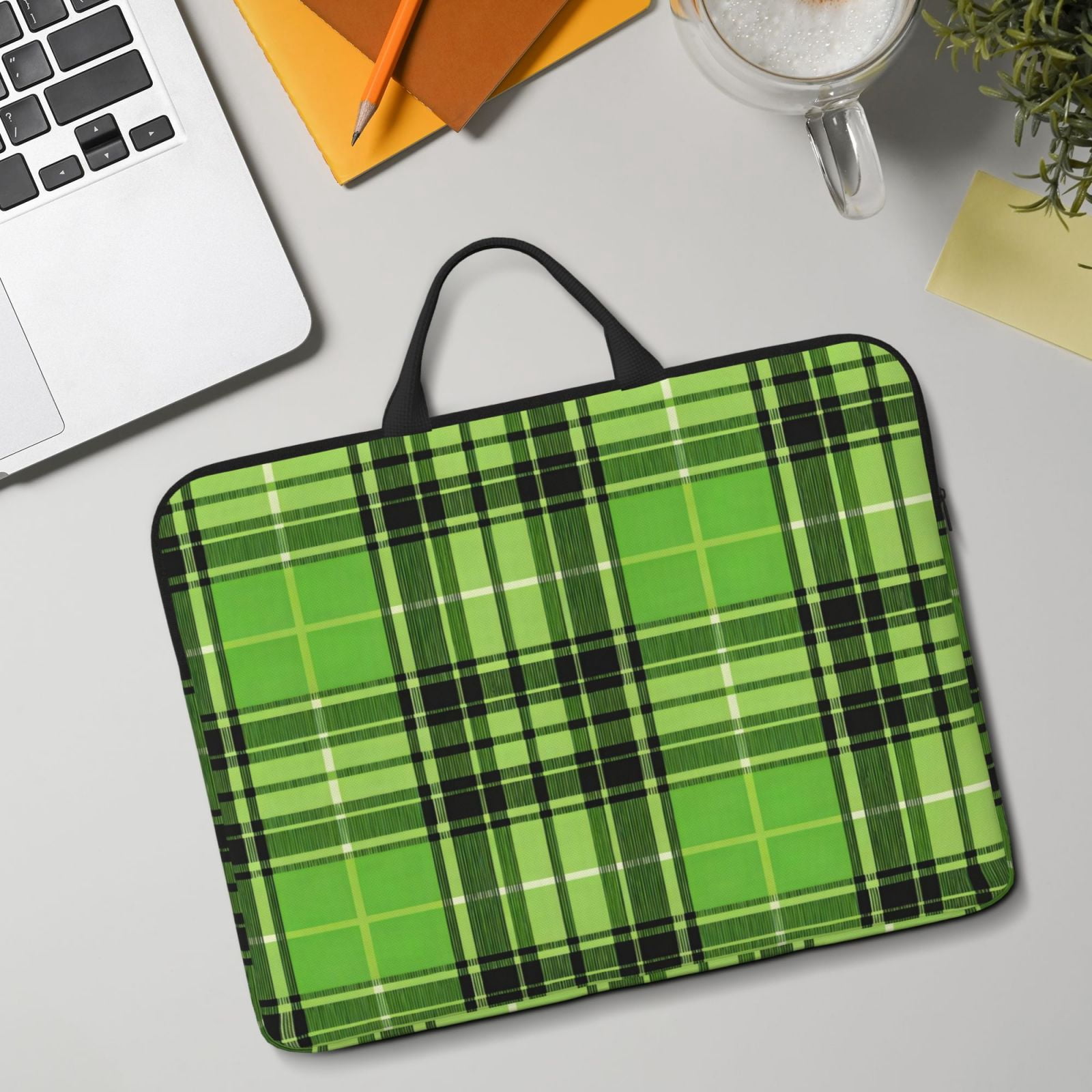 Laptop Sleeve Bag For Women Men 14inch Waterproof Durable Protective Computer Carrying Cover Handle Laptop Case Bag Green And Black Checkered Pattern (2)