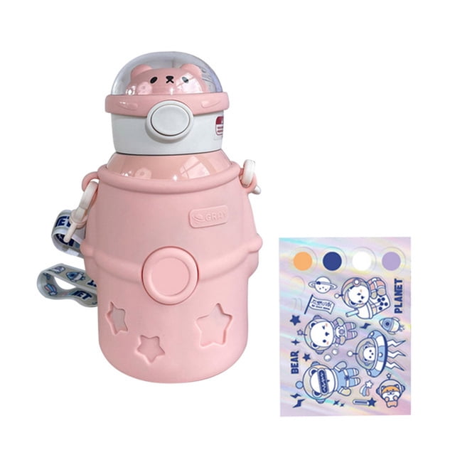 Botella de agua portátil kawaii con pajita, 500 ml, de acero inoxidable, con aislamiento, diseño de oso astronauta, ideal para la escuela, el gimnasio, viajes y picnic.