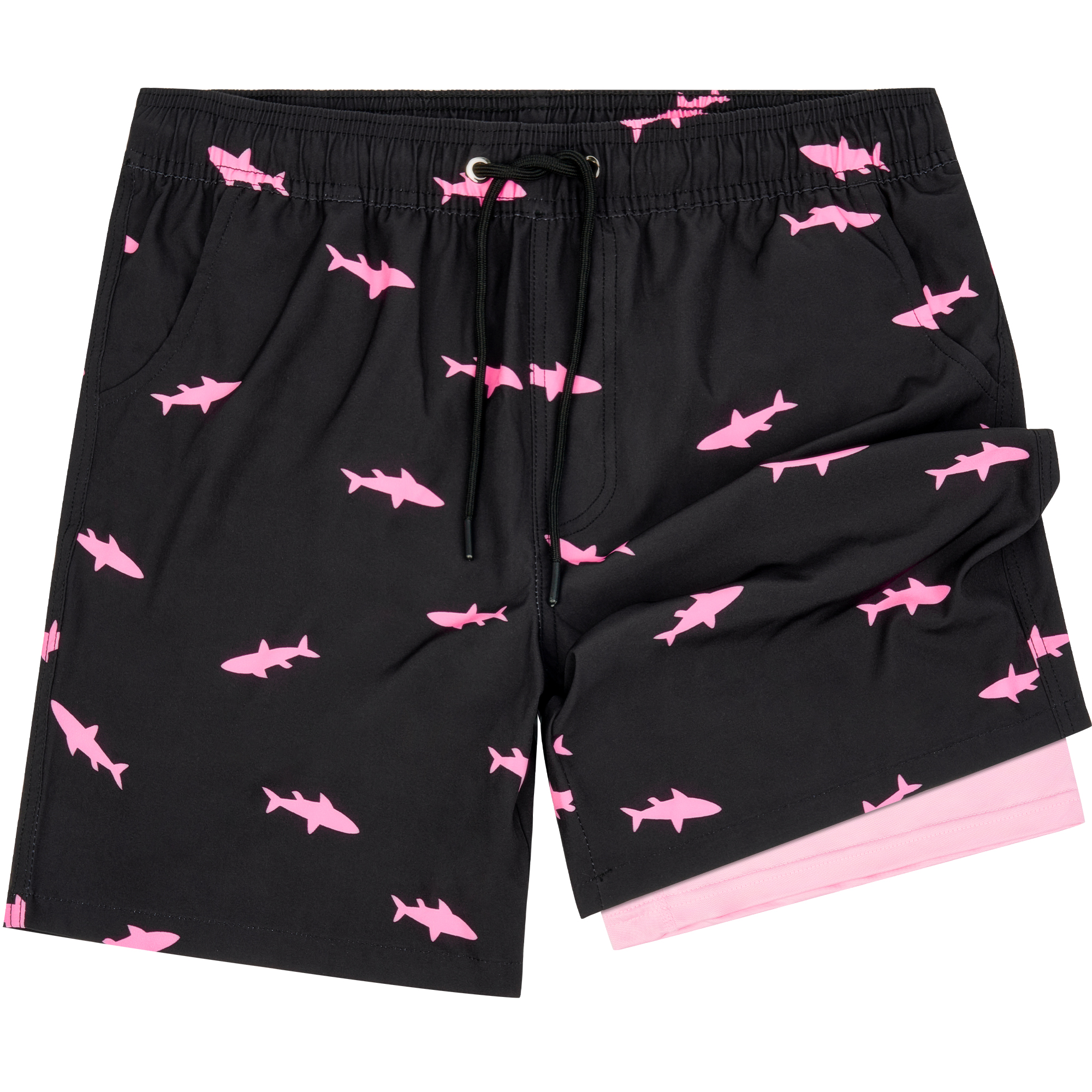 DAKIMOE Men's Swim Trunks with Compression Liner, Shark Print photo 2