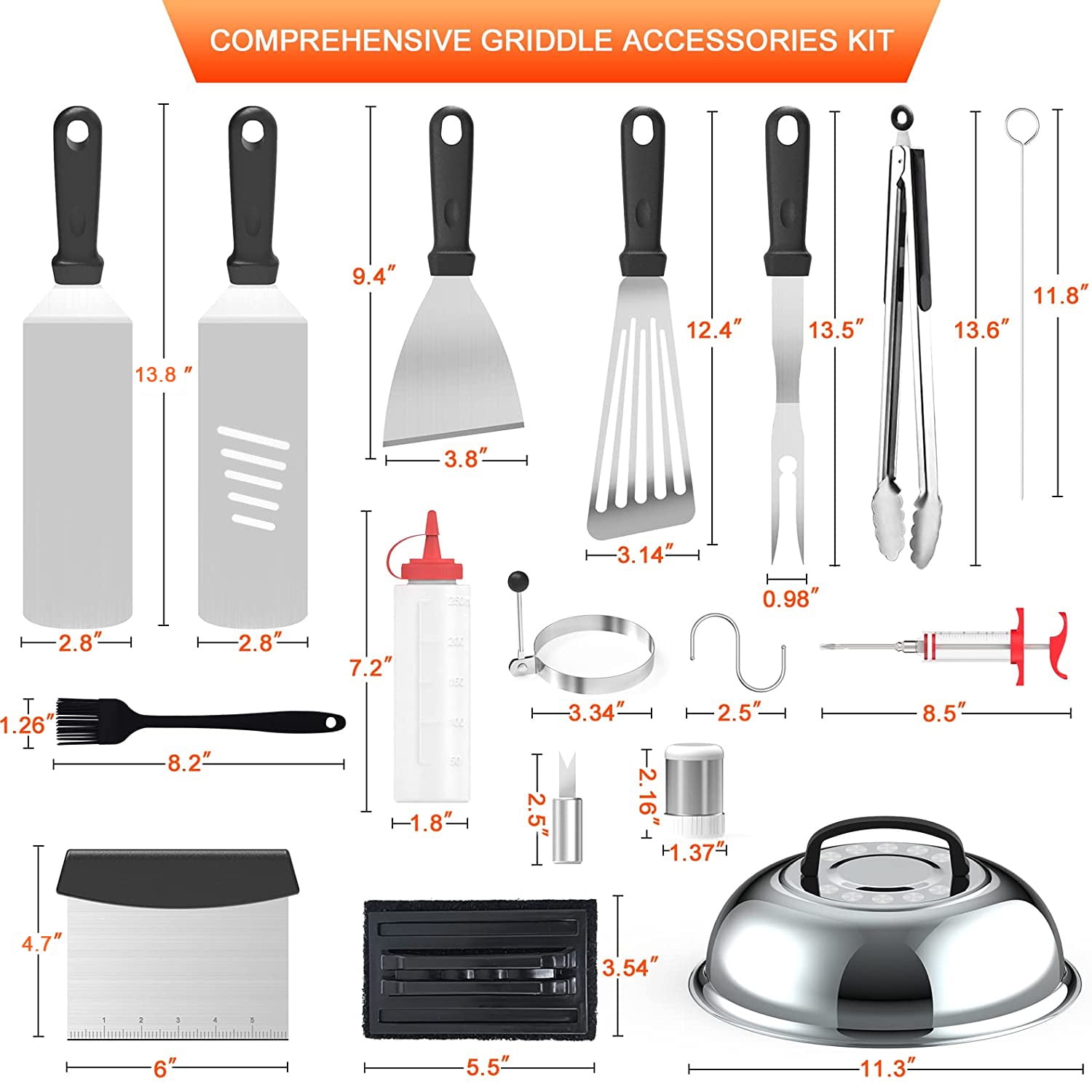 BBQ Set Griddle Accessories Kit, 42Pcs Stainless Steel Grilling Tool Kit for Blackstone Outdoor Grill, BBQ Tool Set with Basting Cover, Spatula, Scraper, Bottle, Tongs, Egg Ring, Meat Injector