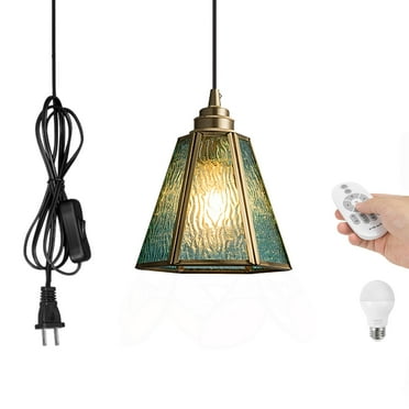 Kiven Plug in Pendant Light, Antiqued Stained Glass Hanging Light Fixture with Remote and Glass Lampshade, E26 Socket Dimmable Pendant Light for Bedroom Hallway Kitchen Island