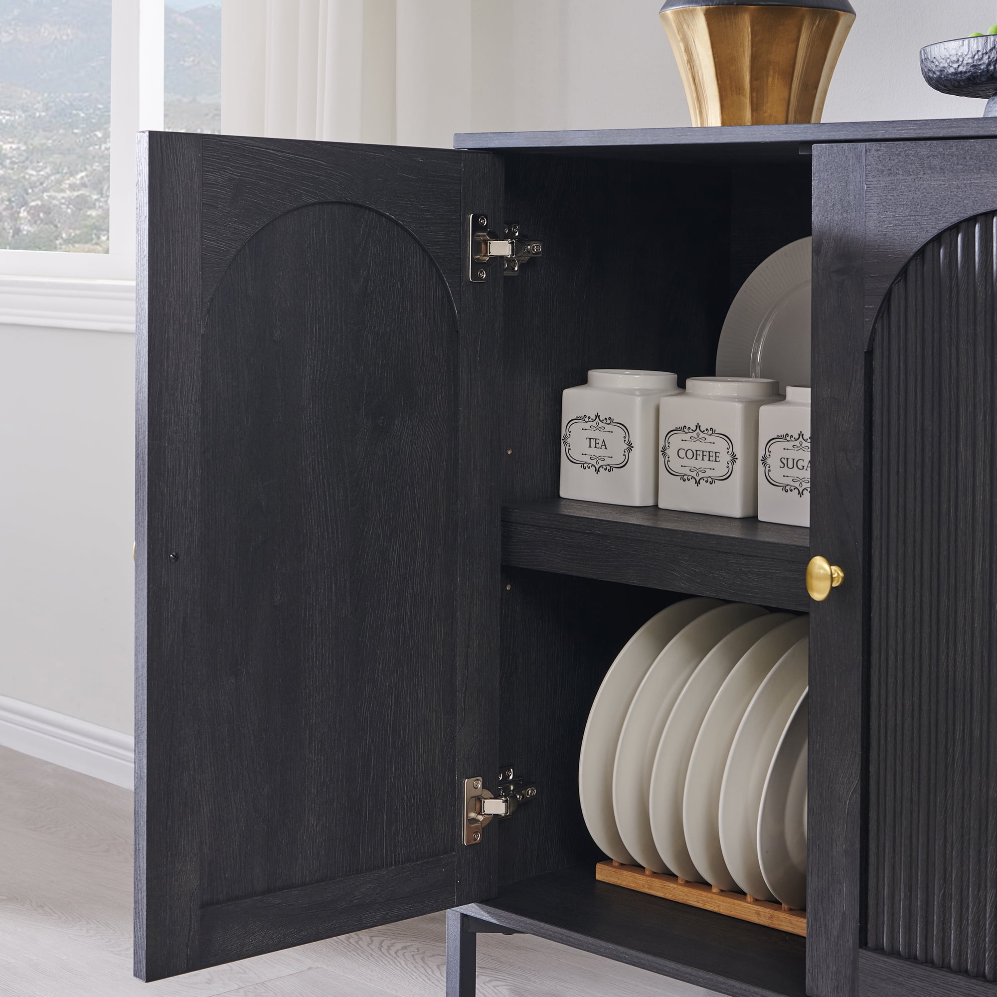 SinCiDo Buffet Cabinet with Storage, 92.63" W Wooden Arched Sideboard Cabinet with/Adjustable Shelf, Fluted Accent Cabinet for Dining Room, Kitchen