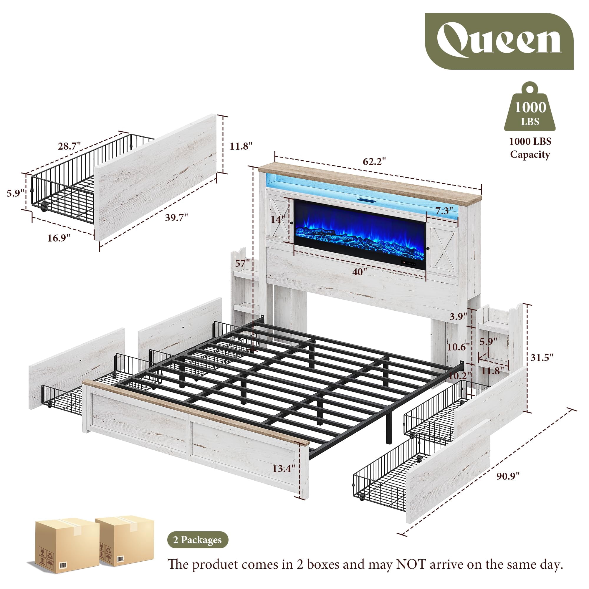Amerlife Queen Bed Frame with Fireplace, Farmhouse with 57" Headboard, Barn Door Cabinets, 4 Drawers, RGB LED & Charging Station, Distressed White