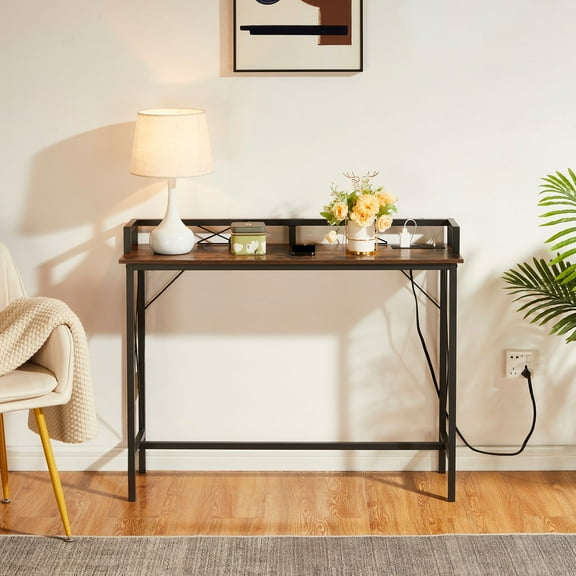 VECELO 39.4" Console Table with 2 Outlet and 2 USB Ports, Industrial Style Sofa Table for Living Room/Entryway/Hallway, Brown