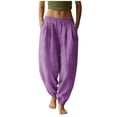 thumbnail image 3 of Horkkom Casual Pants for Women Cotton Elastic Waist Cuffed Pants Solid Color Loose Comfy Pants with Pockets L, 3 of 6