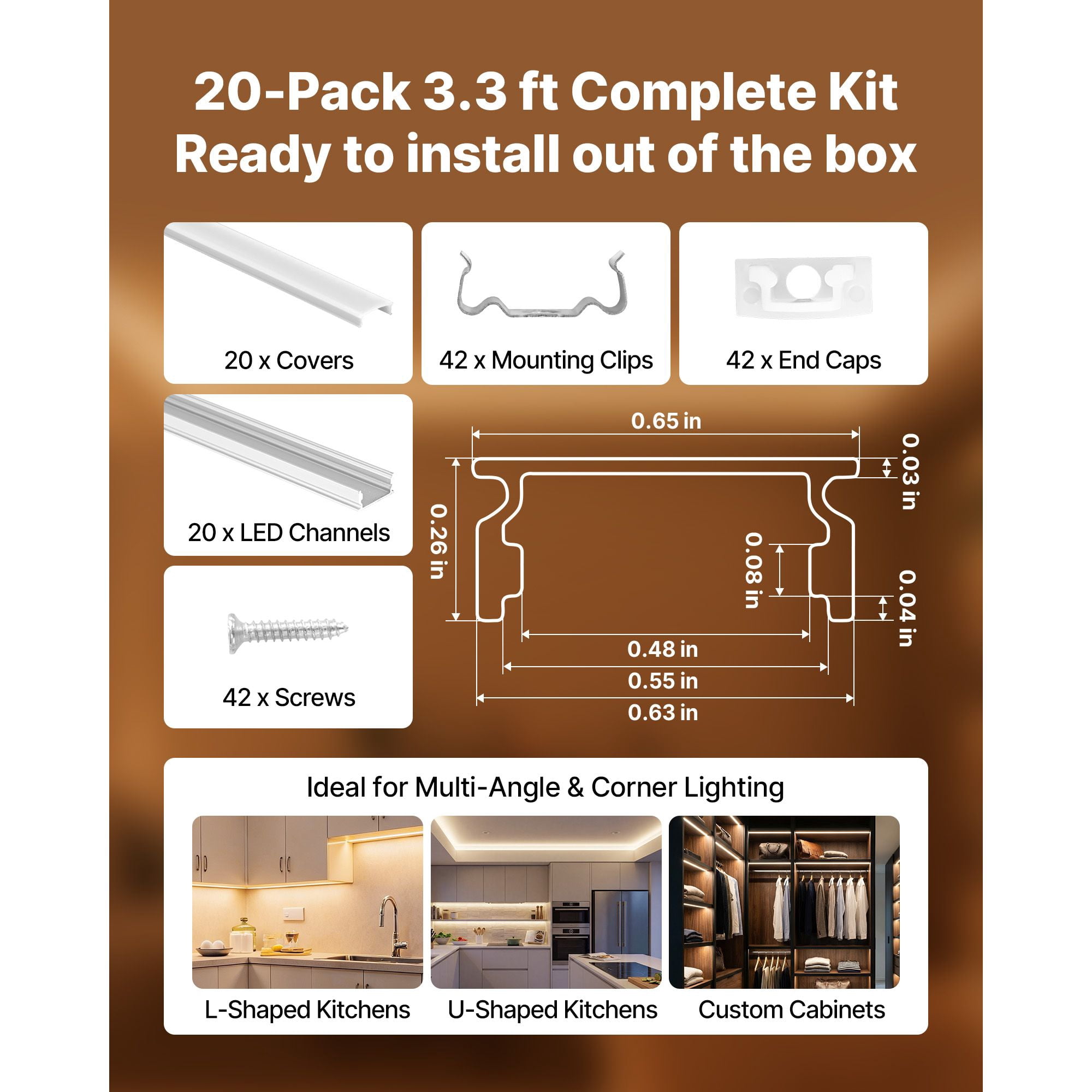 U Shape LED Channel 3.3 ft 20 Pack Anodized Aluminum with Milky Cover for Cabinet Bookshelf Display