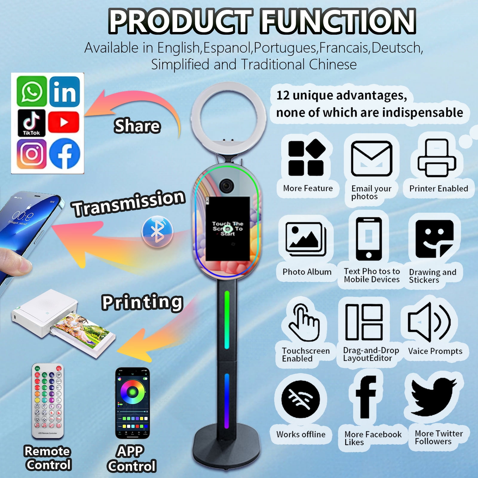 LivFiv 15.6inch Photobooth Machine Touch Screen Face Mirror Selfie with Flight Case for Party Event