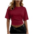 thumbnail image 2 of Axiiglly Crop Tops for Women Short Sleeve Side Ruched Stretch Slim Fit Cropped T Shirts Round Neck Trendy Basic Tees, S-2XL, 2 of 4
