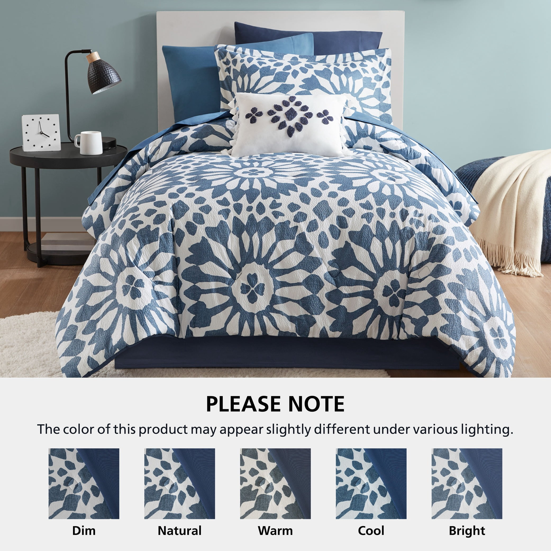 Mainstays 8-Piece Reversible Bed-in-a-Bag Comforter and Sheet Set, Twin/Twin-XL, Indigo Tile Print