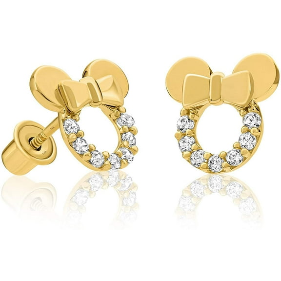 Solid 14k Yellow Gold Mouse Cubic Zirconia Cute Stud Earrings with Comfort Screw-Back