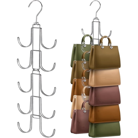PLERISE Purse Organizer with 10 Hooks, 360 Degree Rotation Collapsible Hanger Rack for Handbags, Belts, and Ties