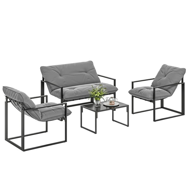 Outsunny 4 Piece Patio Furniture Set with Tempered Glass Table Light Grey