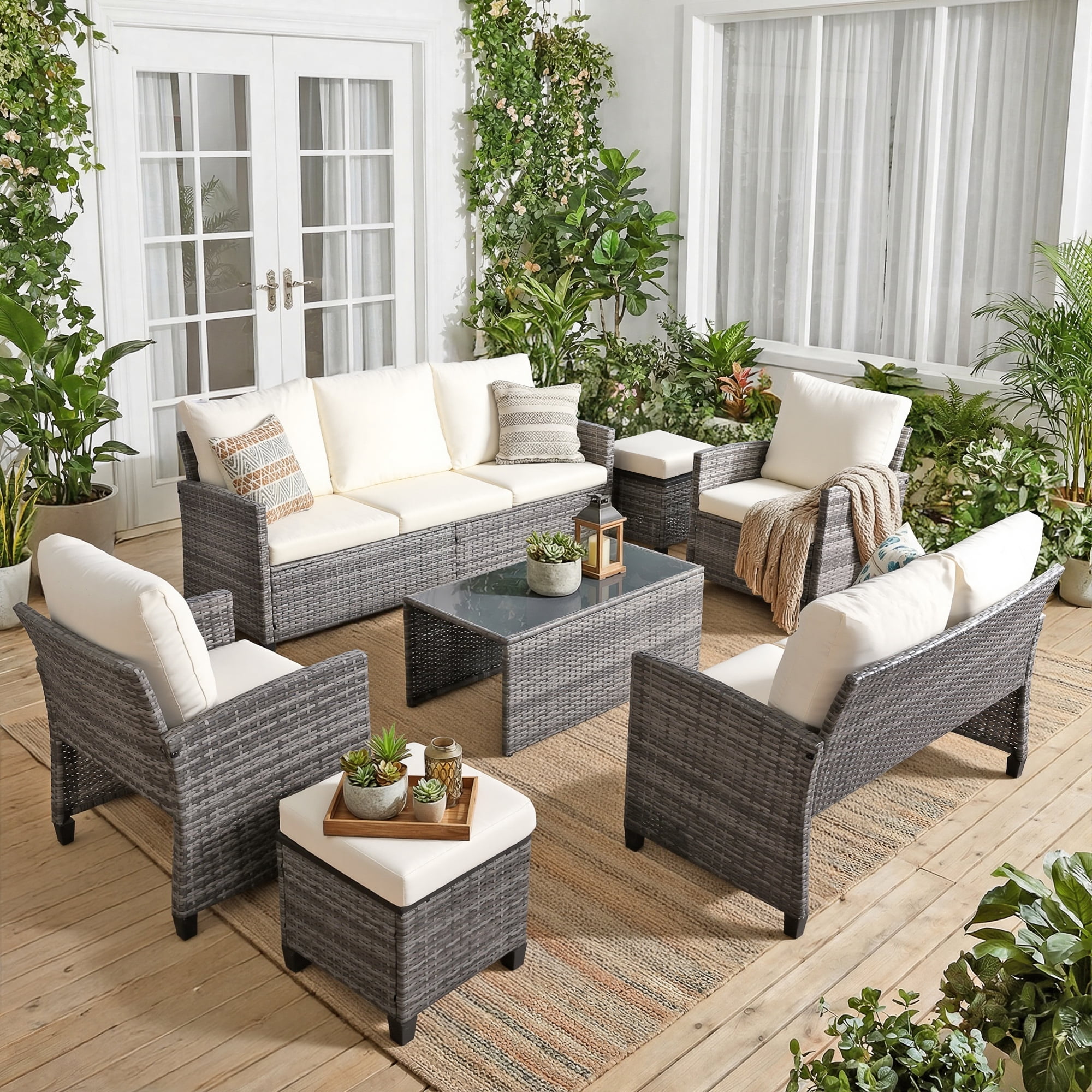Outdoor Patio Furniture Sets Wicker Conversation Set PE Rattan Sectional Sofa Couch with Ottomans, and Coffee Table for Backyard, Porch and Garden(gray&Beige)