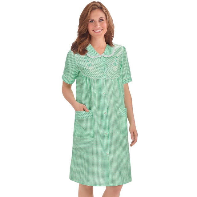 Bata de cuadros vichy para mujer, con detalles florales, cierre a presión y ribete de encaje, color menta, talla extragrande.