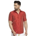 thumbnail image 1 of eloria Mens Traditional Maroon Striped Party Shirt with Mundu Vesty Style Dhoti, 1 of 5